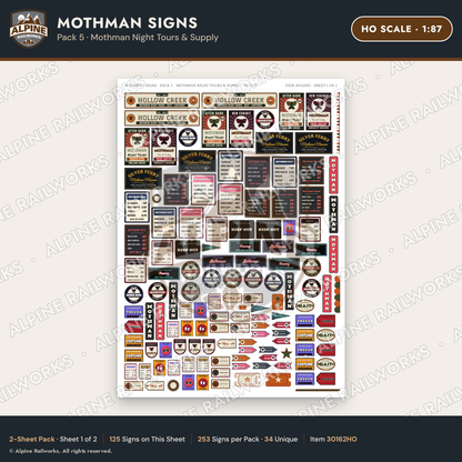 Alpine Railworks 30162HO HO Scale Mothman Signs - Mothman Night Tours