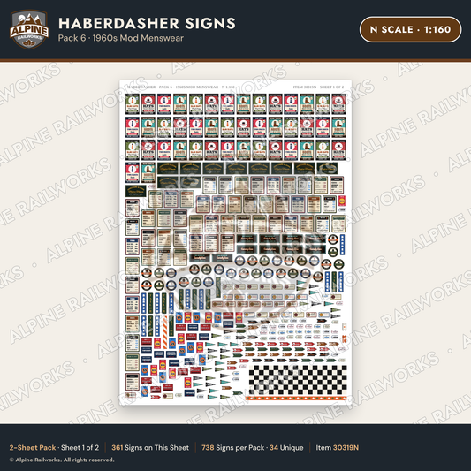 Alpine Railworks 30319N N Scale Haberdasher Signs - 1960s Mod Menswear