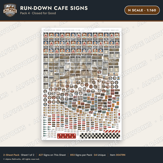 Alpine Railworks 30479N N Scale Run-Down Cafe Signs - Closed for Good