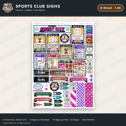 Alpine Railworks 30463O O Scale Sports Club Signs - Health Club 1980s