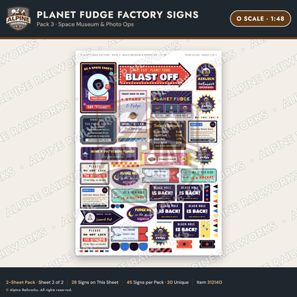 Alpine Railworks 31214O O Scale Fudge Factory Signs - Space Museum