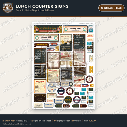 Alpine Railworks 30107O O Scale Lunch Counter Signs
