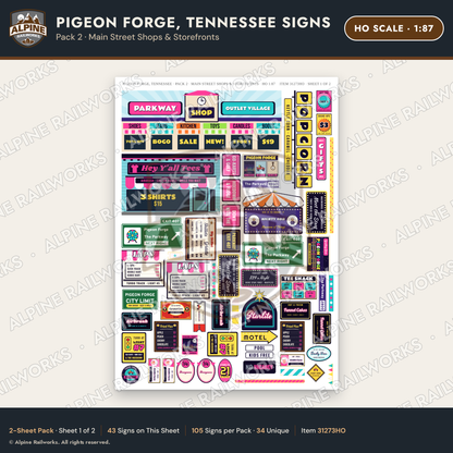 Alpine Railworks 31273HO HO Scale Pigeon Forge TN Signs - Shops