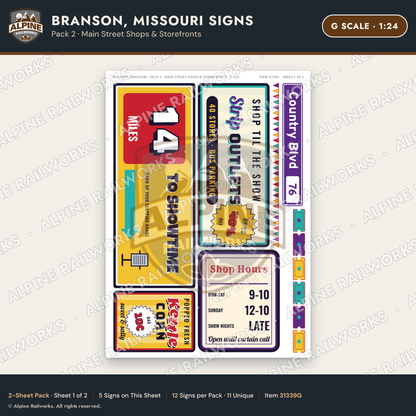 Alpine Railworks 31339G G Scale Branson MO Signs - Main Street Shops