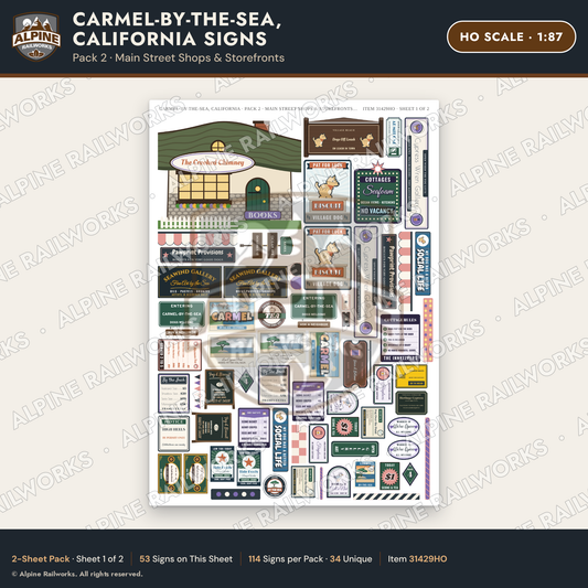 Alpine Railworks 31429HO HO Scale Carmel CA Signs - Main Street Shops