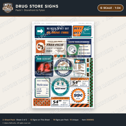 Alpine Railworks 30656G G Scale Drug Store Signs - Storefront & Pylon