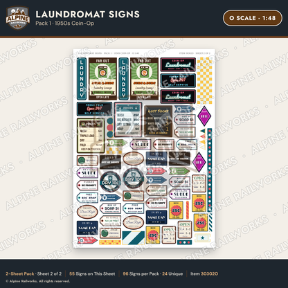 Alpine Railworks 30302O O Scale Laundromat Signs - 1950s Coin-Op