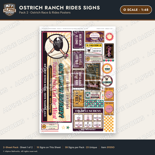 Alpine Railworks 31135O O Scale Roadside Signs - Ostrich Farm
