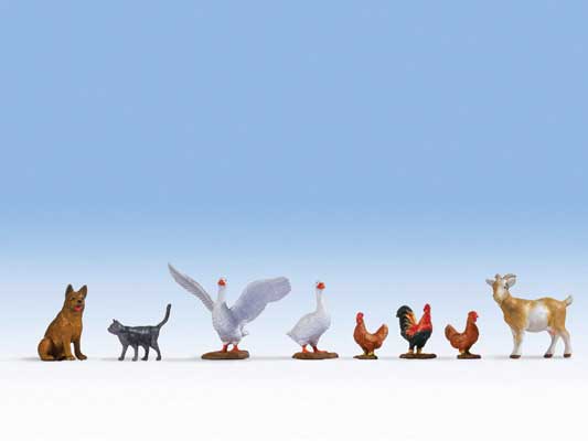 Noch 17903 O Scale Farm Animals -- 2 geese, 3 Chickens, 1 Each: Goat, Dog, Cat