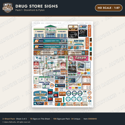 Alpine Railworks 30656HO HO Scale Drug Store Signs - Storefront