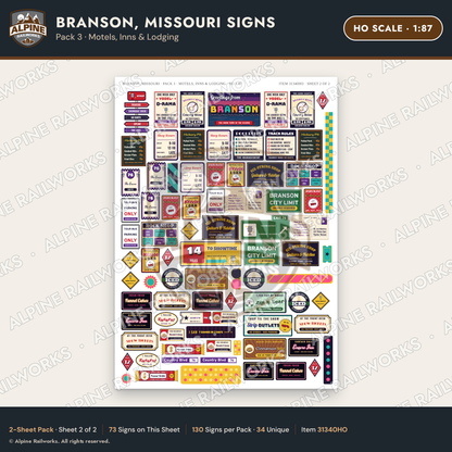 Alpine Railworks 31340HO HO Scale Branson MO Signs - Motels & Inns
