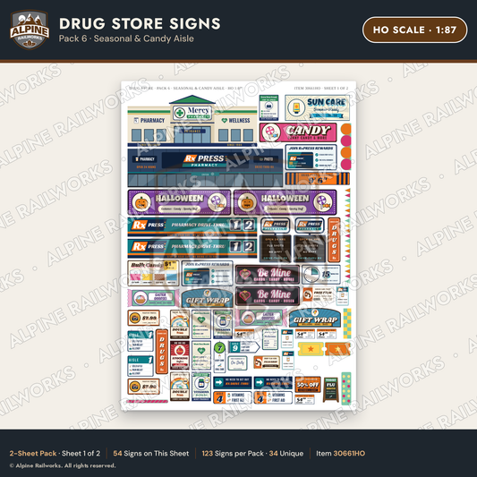 Alpine Railworks 30661HO HO Scale Drug Store Signs - Seasonal