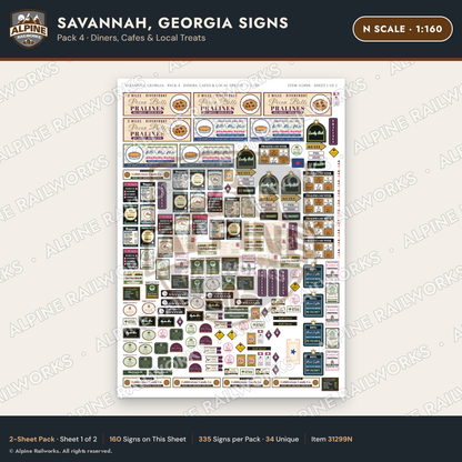 Alpine Railworks 31299N N Scale Savannah GA Signs - Diners & Cafes