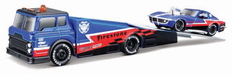 Maisto 15055-AO 1/64 Scale Firestone - Ramp Truck Hauling A 1969 Chevrolet