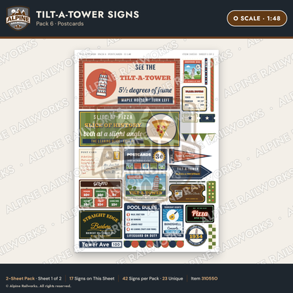 Alpine Railworks 31055O O Scale Roadside Signs - Leaning Tower