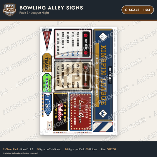 Alpine Railworks 30226G G Scale Bowling Alley Signs - League Night