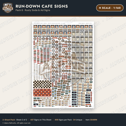 Alpine Railworks 30481N N Scale Run-Down Cafe Signs - Rusty Soda & Ad