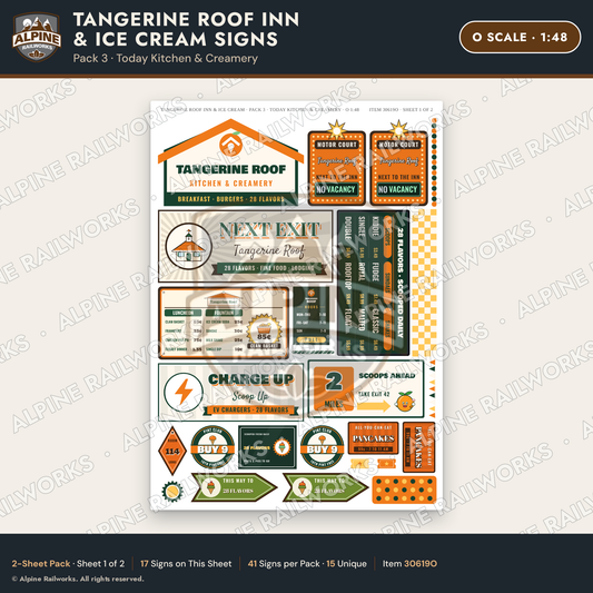 Alpine Railworks 30619O O Scale Restaurant Signs - Orange Roof Diner