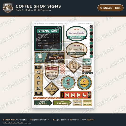 Alpine Railworks 30097G G Scale Coffee Shop Signs