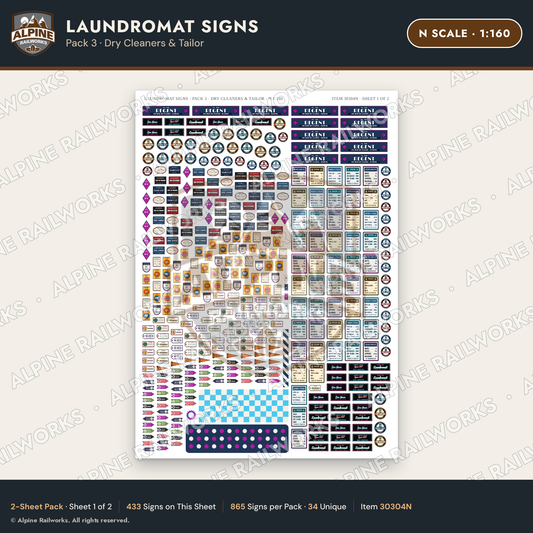 Alpine Railworks 30304N N Scale Laundromat Signs - Dry Cleaners