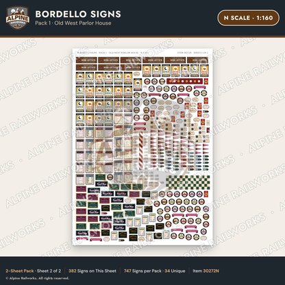 Alpine Railworks 30272N N Scale Bordello Signs - Old West Parlor House