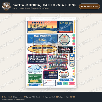 Alpine Railworks 31249O O Scale Santa Monica CA Signs - Shops