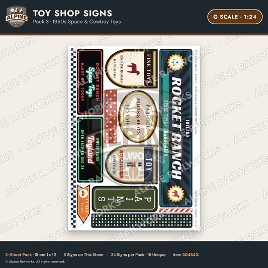 Alpine Railworks 30484G G Scale Toy Shop Signs - 1950s Space