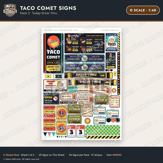 Alpine Railworks 30613O O Scale Fast Food Signs - Tacos