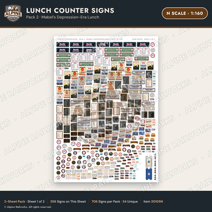 Alpine Railworks 30105N N Scale Lunch Counter Signs