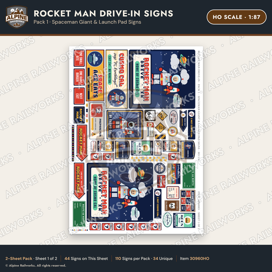 Alpine Railworks 30960HO HO Scale Roadside Signs - Spaceman Drive-In