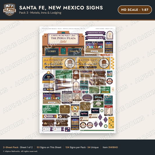 Alpine Railworks 31418HO HO Scale Santa Fe NM Signs - Motels & Inns