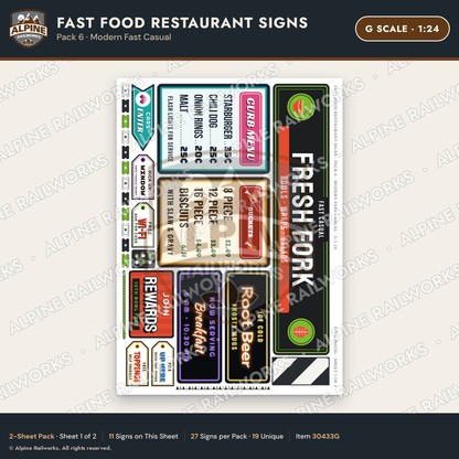 Alpine Railworks 30433G G Scale Fast Food Restaurant Signs