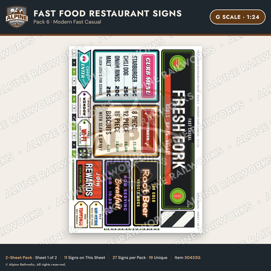 Alpine Railworks 30433G G Scale Fast Food Restaurant Signs