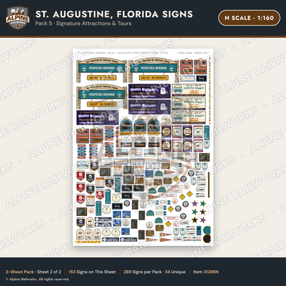 Alpine Railworks 31288N N Scale St. Augustine FL Signs - Attractions