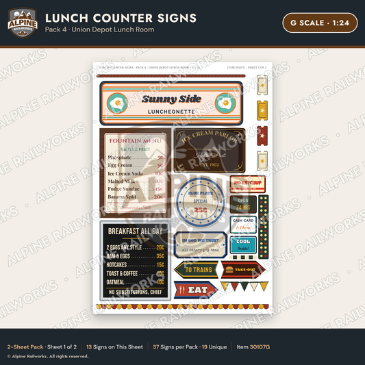 Alpine Railworks 30107G G Scale Lunch Counter Signs