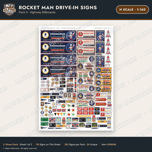 Alpine Railworks 30964N N Scale Roadside Signs - Spaceman Drive-In