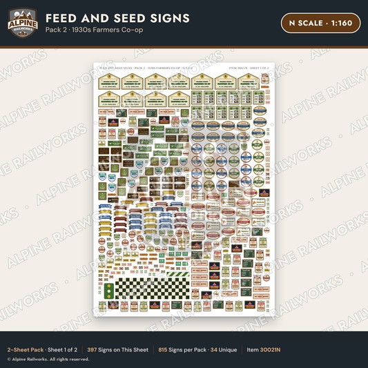 Alpine Railworks 30021N N Scale Feed and Seed Signs - Farmers Co-op
