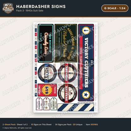 Alpine Railworks 30316G G Scale Haberdasher Signs - 1940s Suit Sale