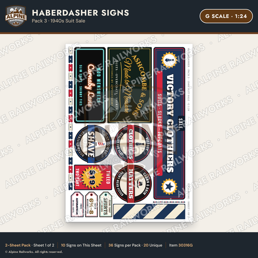 Alpine Railworks 30316G G Scale Haberdasher Signs - 1940s Suit Sale
