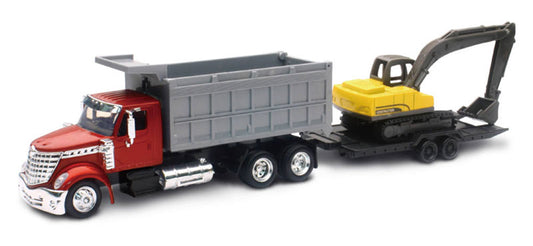 New Ray 16623 1/43 Intl Lonestar Dump Truck, Excavator & Trailer