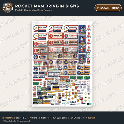 Alpine Railworks 30962N N Scale Roadside Signs - Spaceman Drive-In