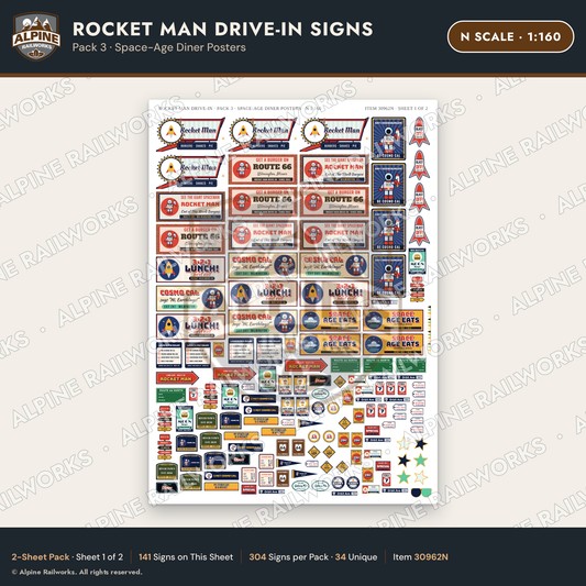 Alpine Railworks 30962N N Scale Roadside Signs - Spaceman Drive-In
