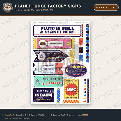 Alpine Railworks 31214G G Scale Fudge Factory Signs - Space Museum