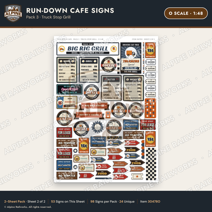 Alpine Railworks 30478O O Scale Run-Down Cafe Signs - Truck Stop Grill
