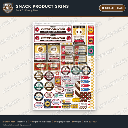 Alpine Railworks 30346O O Scale Snack Product Signs - Candy Bars