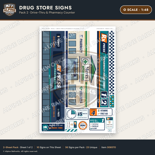 Alpine Railworks 30657O O Scale Drug Store Signs - Drive-Thru