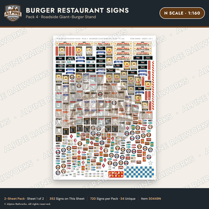 Alpine Railworks 30449N N Scale Burger Restaurant Signs