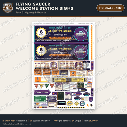 Alpine Railworks 31090HO HO Scale Roadside Signs - UFO Welcome Center