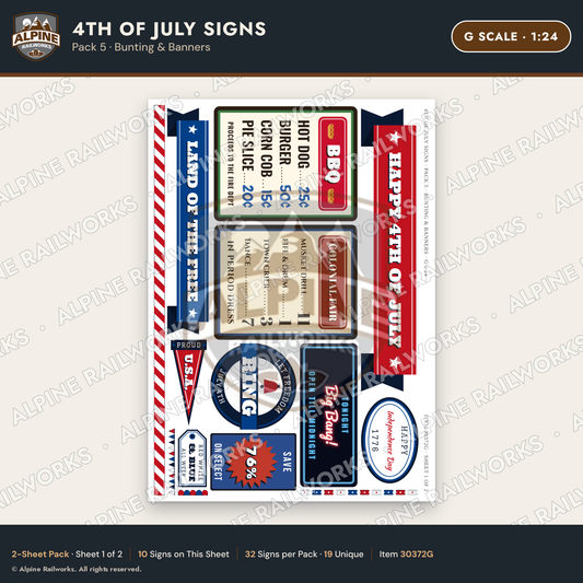 Alpine Railworks 30372G G Scale 4th of July Signs - Bunting & Banners