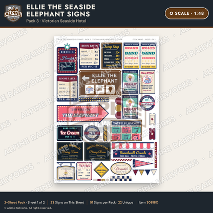 Alpine Railworks 30818O O Scale Roadside Signs - Elephant Building